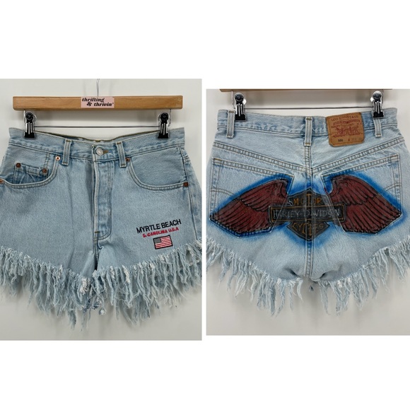 Levi’s Custom Painted Denim Shorts Fringe Harley Logo 28 - Picture 1 of 10